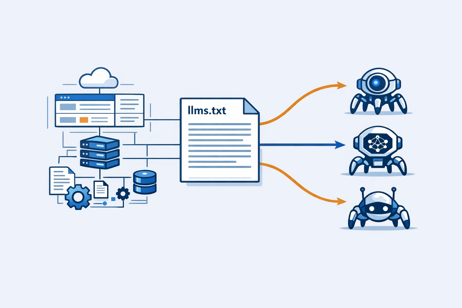 Technical diagram showing a website with llms.txt file structure, connecting to AI crawlers like PerplexityBot, ChatGPTBot, and Googlebot via clean data pathways
