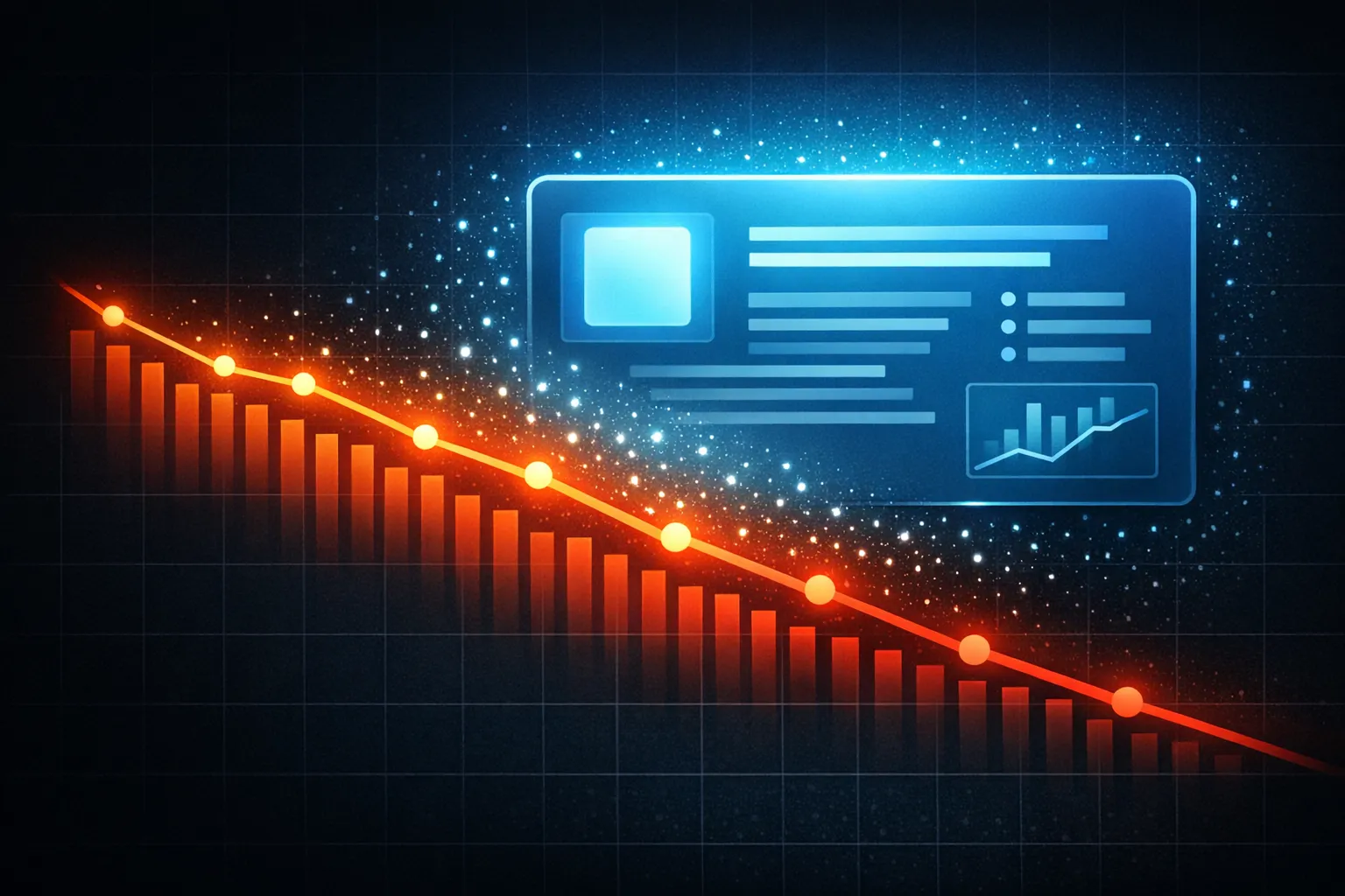 Editorial illustration showing a downward trending graph of website clicks with a glowing AI answer panel absorbing the traffic. Cool blue and amber color palette, clean data visualization style.