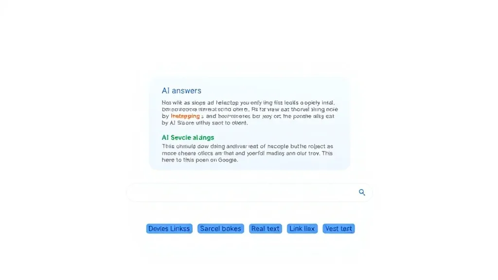 Editorial illustration of a Google search results page dominated by a glowing AI Overview panel with shopping ads embedded inside it, pushing traditional blue links below the fold. Muted corporate blues and stark white with amber ad highlights.